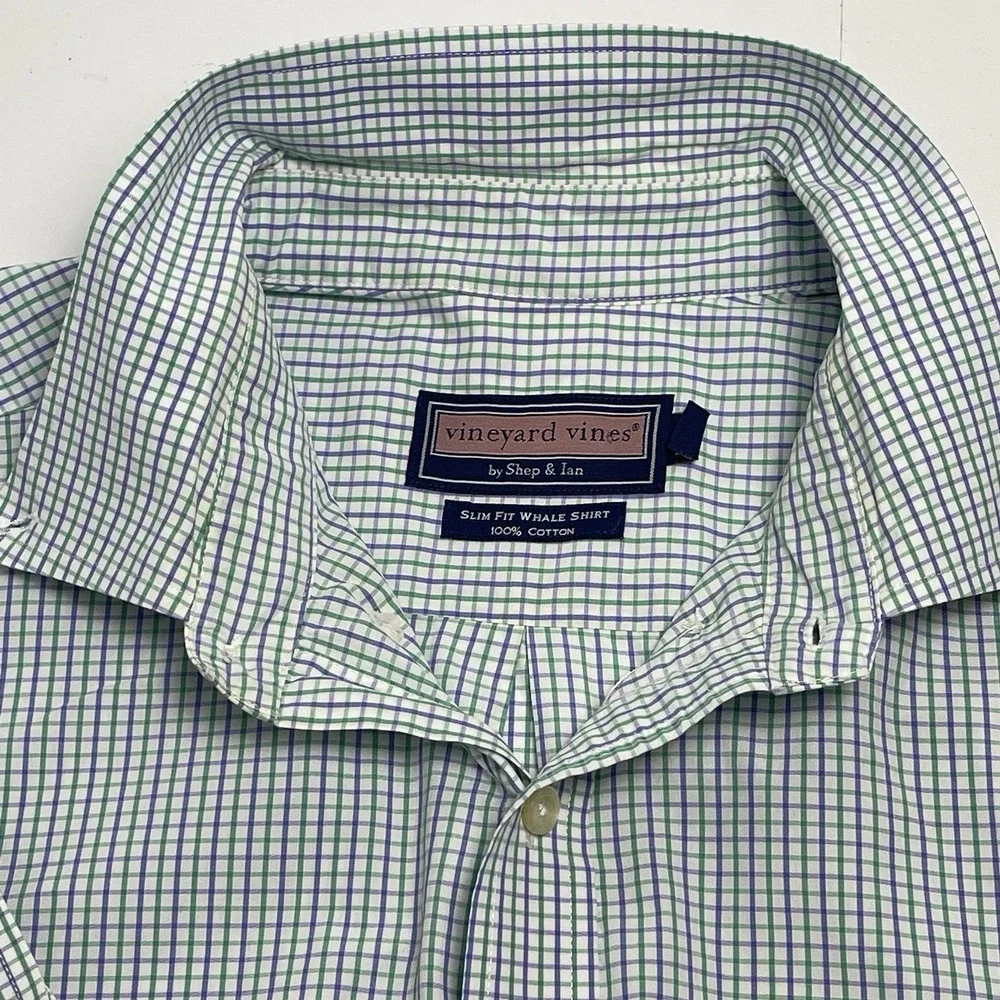 Vineyard Vines Men's XL White Green Purple Plaid Slim Fit Whale Checkered